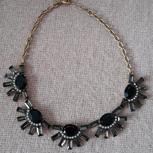 J. Crew Statement Necklace, Gold Chain, Black Stones and Rhinestones
